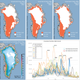 Figure 1a. The top maps show daily melt extent for the Greenland Ice Sheet for August 14, 15, and 16, 2021. The lower left map shows cumulative melt days for 2021 through Aug 16. The lower right graph shows daily melt extent during mid-summer for all years in the satellite record with a maximum melt extent greater than 800,000 square kilometers (309,000 square miles). The graph areas depict the daily melt area for the 1981 to 2010 average, the interquartile range, and the interdecile range. All melt events observed by the NSIDC satellite record are circled in cyan; the rain (red circle) and melt event of 2021 is the only event of this type in the 43-year record.